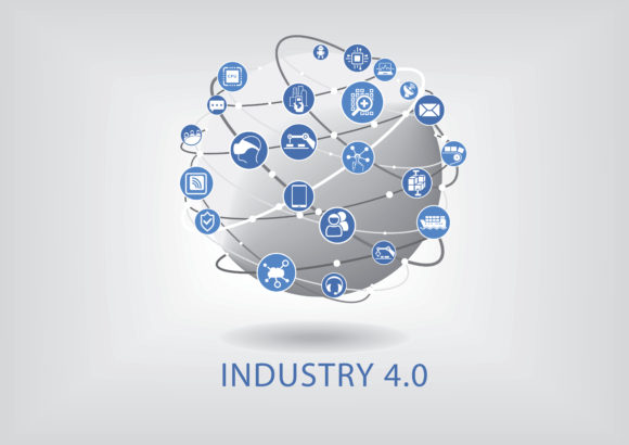 Industry 4.0 infographic. Connected smart devices with globe.